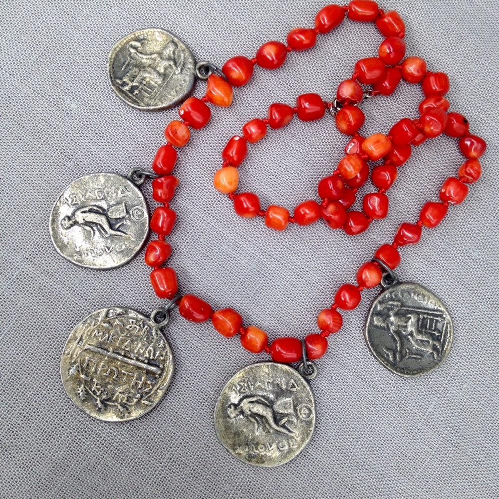 Vintage Coral & Greek Coin Necklace & Earrings Set - Picture 8 of 11